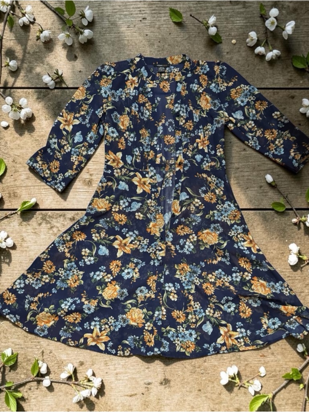 Robert Louis Navy Floral Midi Dress with Yellow & Light Blue Blooms - Picture 2 of 11